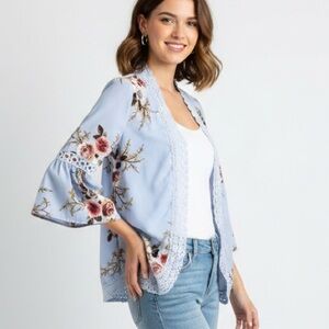 Floral Bell Sleeve Boho Kimono Cardigan Lace Trim Blue Size Medium